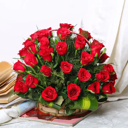 Fresh Flower Bouquet of 40 Red Roses in Wooden Basket
